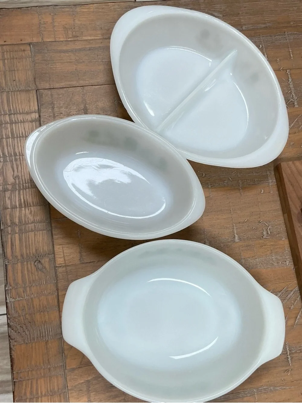 Vintage Green Daisy Casserole Floral Pattern White Milk Glass Serving Bowls Set3